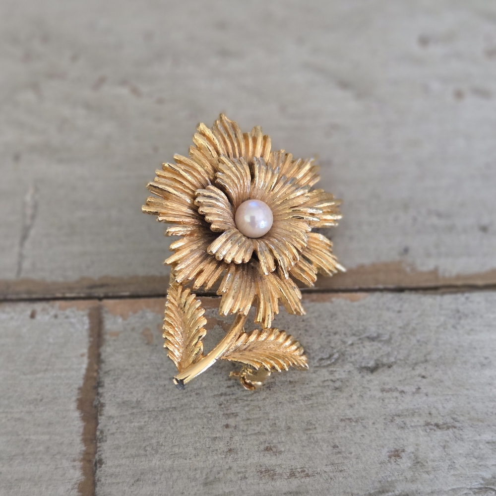 Gold Flower Brooch with Pearl Center